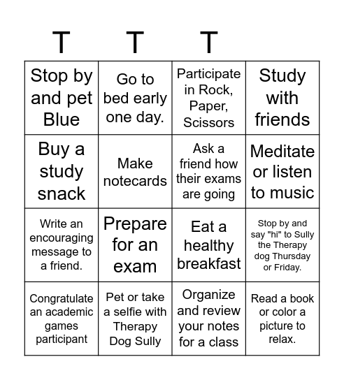 Exam Wellness Bingo Card