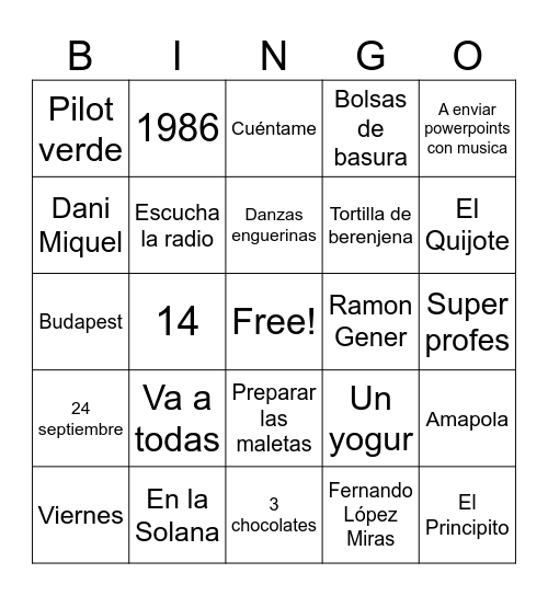 1959 Dels faristols als pòdcasts Tuki Tuki Tuki Amapola 4 El de Enguera 1986 Sant Marcel·lí Danzas enguerinas Palma Preparar las maletas La rambla Super profes A enviar powerpoints con musica Hígado Dani Miquel 14 Pilot verde Informática Tortilla de bere Bingo Card