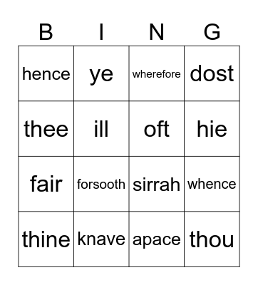 Shakespeare Lingo Bingo Card