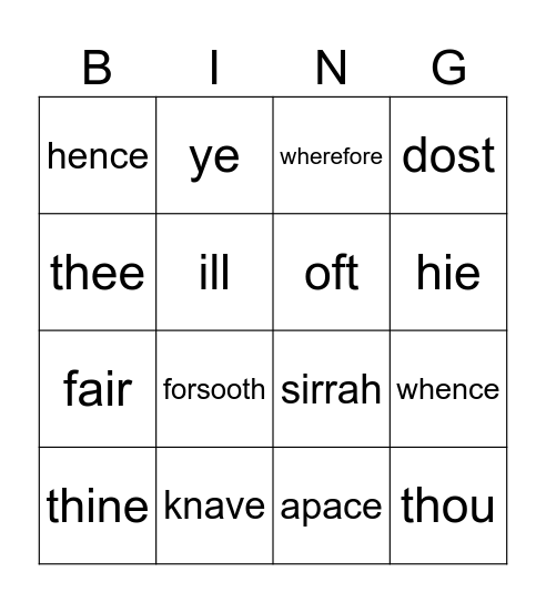 Shakespeare Lingo Bingo Card