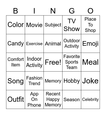 Favorites Bingo Card