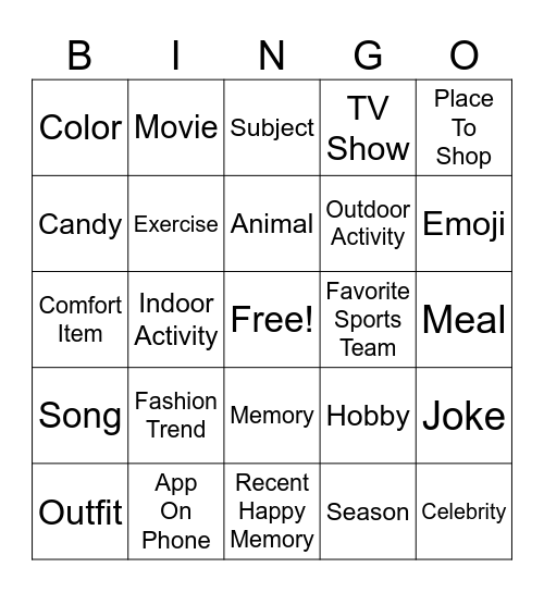 Favorites Bingo Card