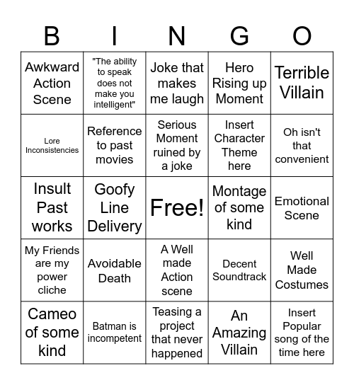 DCEU Bingo Card