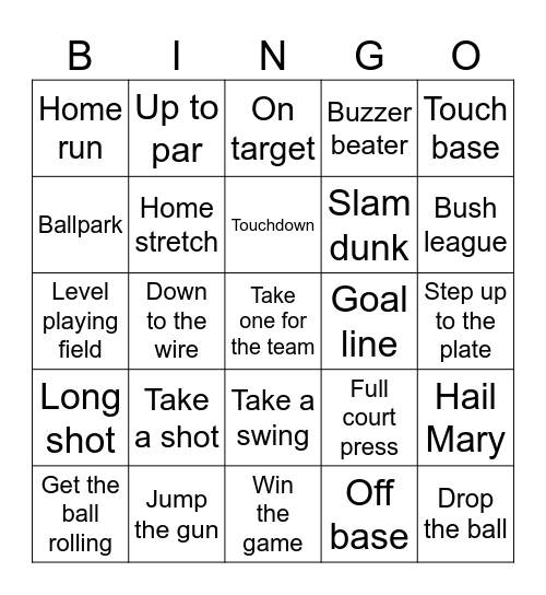 Sports Term Bingo Card