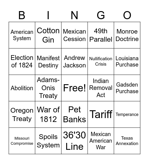 Unit 2 American Bingo Card