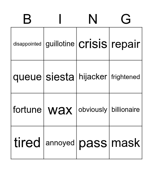 BINGO Unit 6 Caitlin Bingo Card