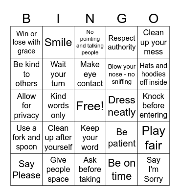 Good Manners Bingo Card