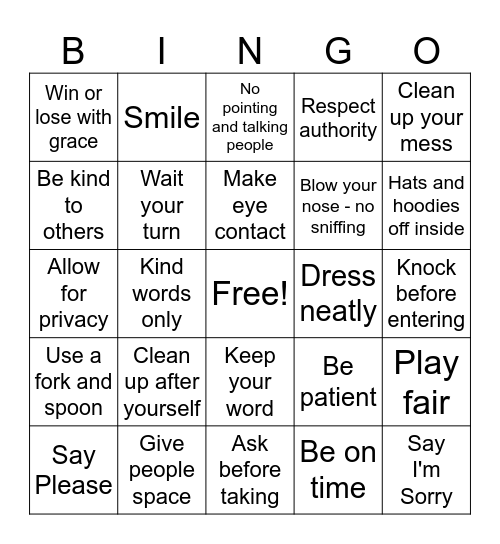 Good Manners Bingo Card