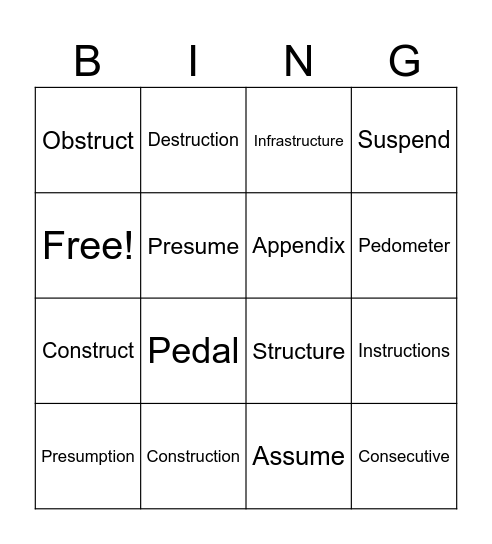 Vocabulary Set 5 Bingo Card