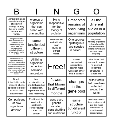 Evolution Unit Bingo Card