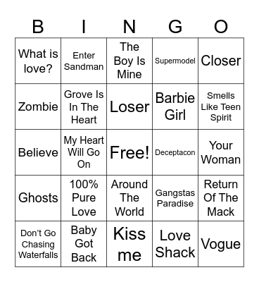 90s Music Bingo Card