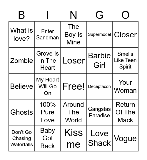 90s Music Bingo Card