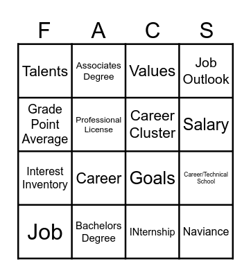 Career Vocabulary Bingo Card