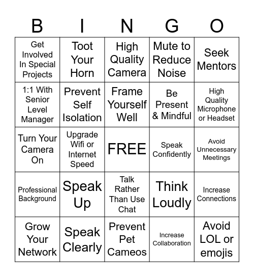 Virtual Impact Bingo Card