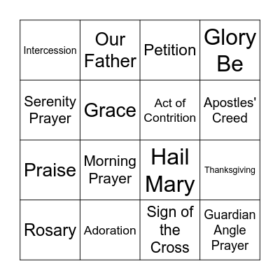 Types of Prayer Bingo Card