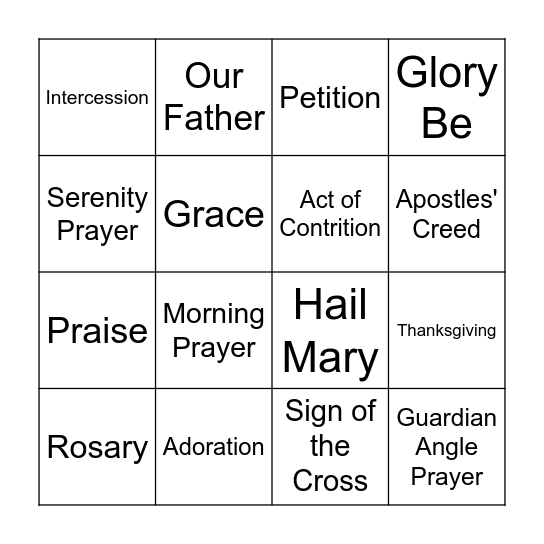 Types of Prayer Bingo Card