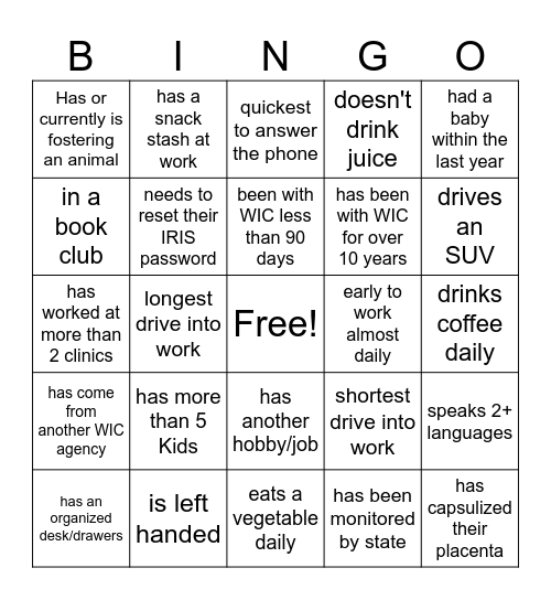 Co-Worker Bingo Card