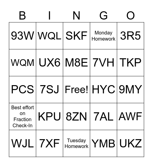 Fraction Review 3/4-3/6 Bingo Card