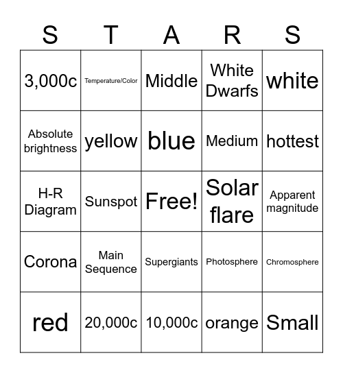 Sun and Stars Bingo Card