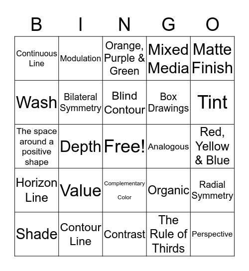 Artsy Fartsy Bingo Card