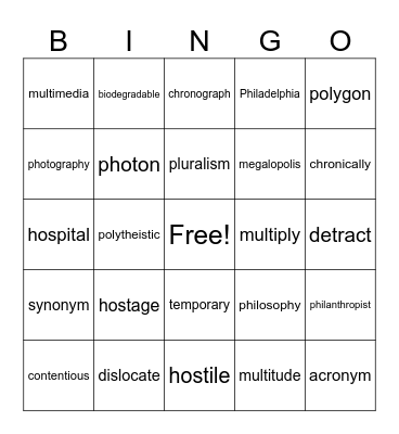 Unit 6, 7, and 8 Morphemes BINGO Card