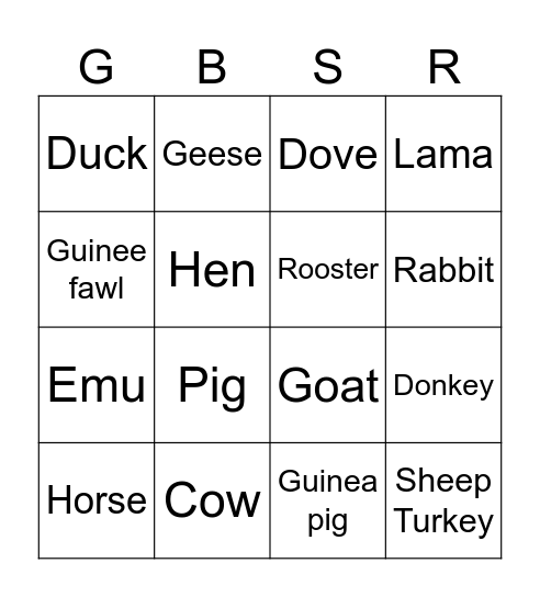 Farm Animals Bingo Card