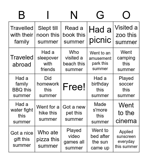 Summer fun! Who? Bingo Card