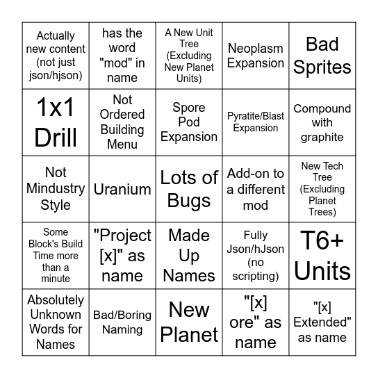 Mindustry Content Mods Bingo Card