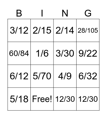 Multiplying Fractions Bingo Card