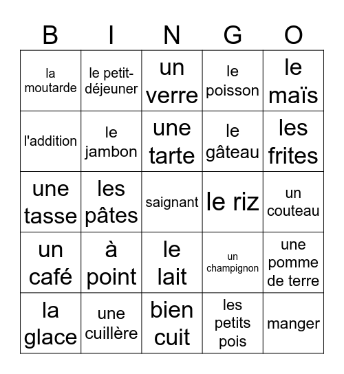 La Nourriture (en français) Bingo Card