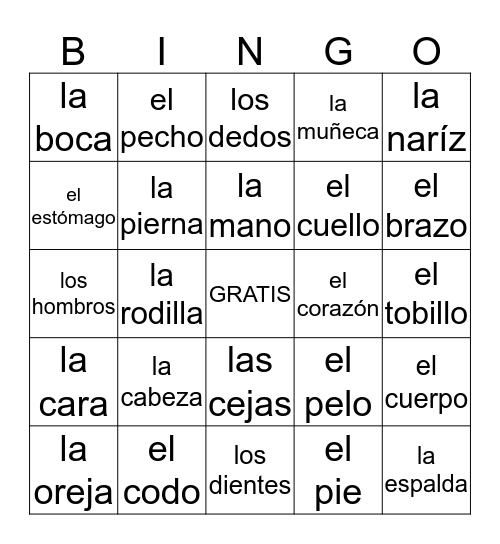 Las Partes del Cuerpo Bingo Card