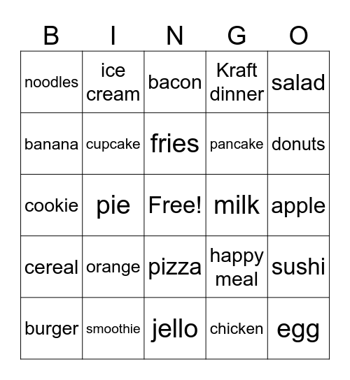 Food Bingo Card