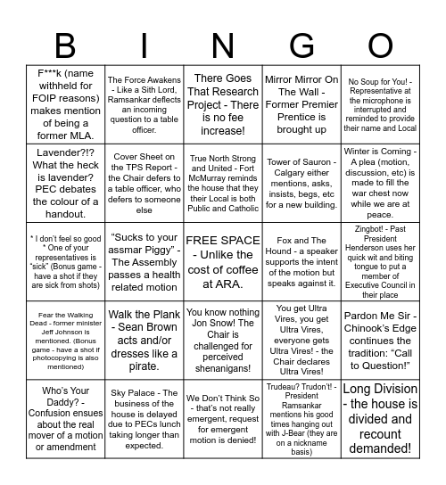 ARA 2016 Bingo Card