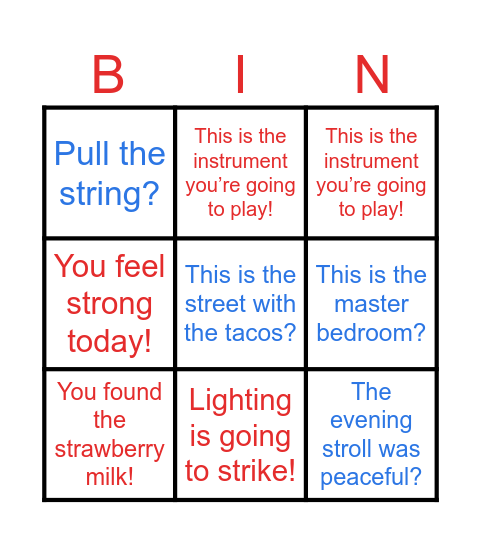 Question or Exclamation Bingo Card