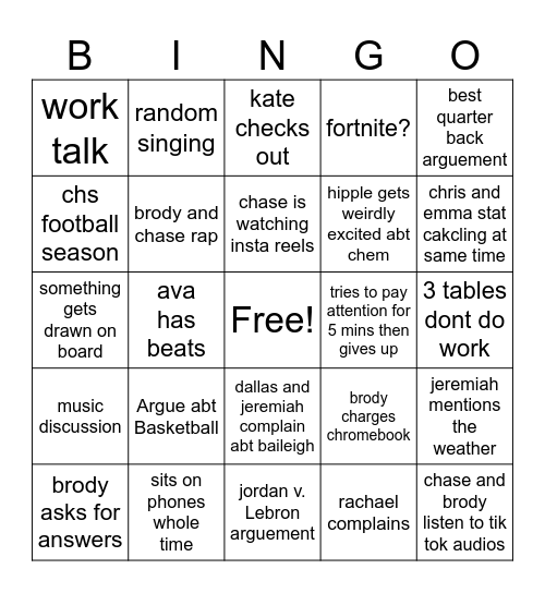 chem Bingo Card