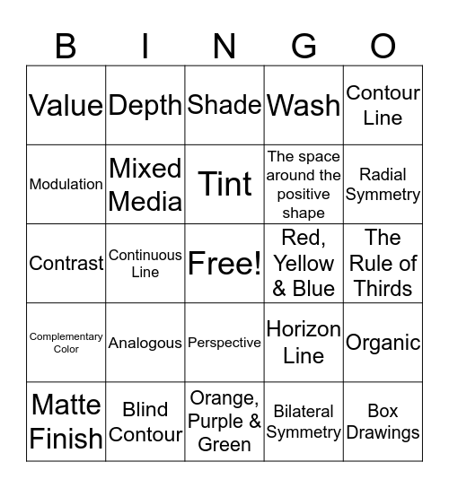 Artsy Fartsy Bingo Card