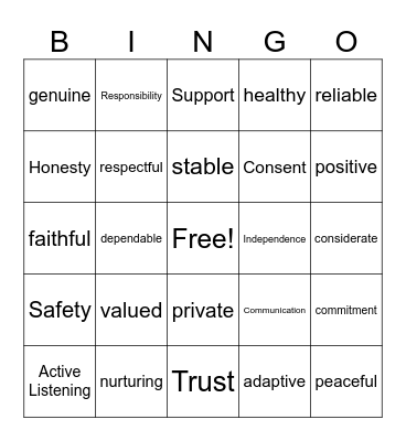 Relationship Bingo Card