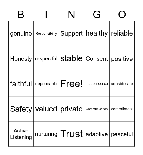Relationship Bingo Card