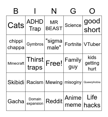 YT Shorts Bingo Card