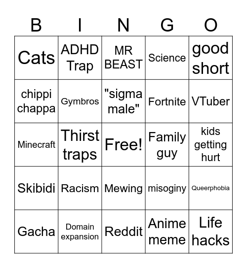 YT Shorts Bingo Card