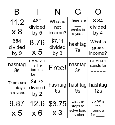 Review Bingo Card