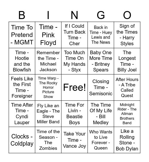 Songs About Time Bingo Card