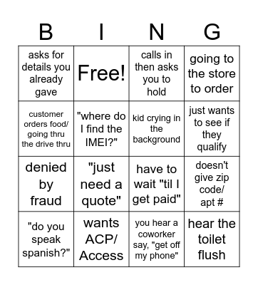 Call Center Bingo Card