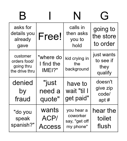 Call Center Bingo Card