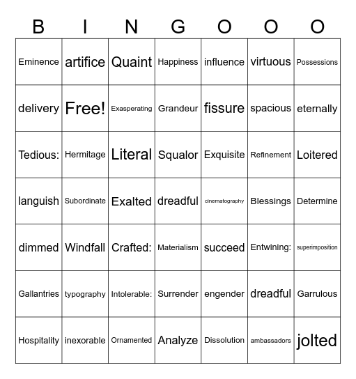 VOCABULARY BINGO Card