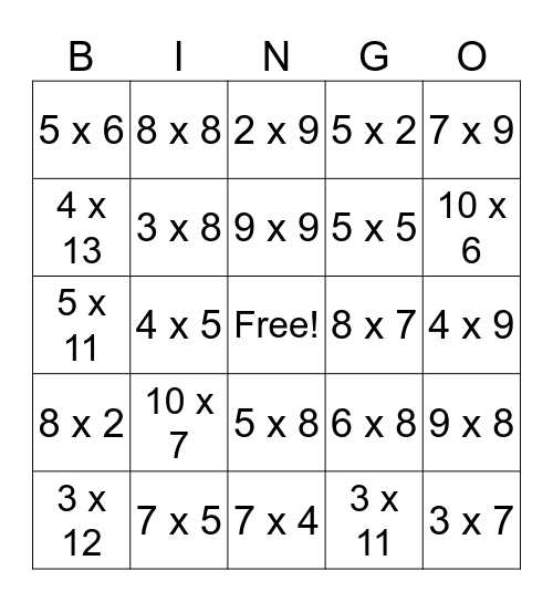 Multiplication BINGO Card