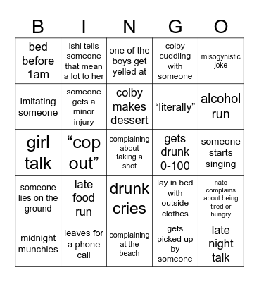 spring break Bingo Card