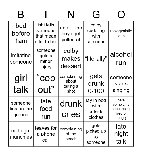 spring break Bingo Card