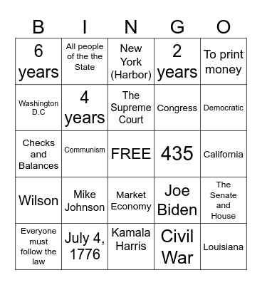 Citizenship Bingo Card