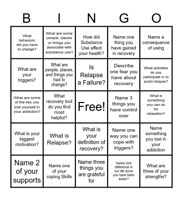 Recovery Bingo Card